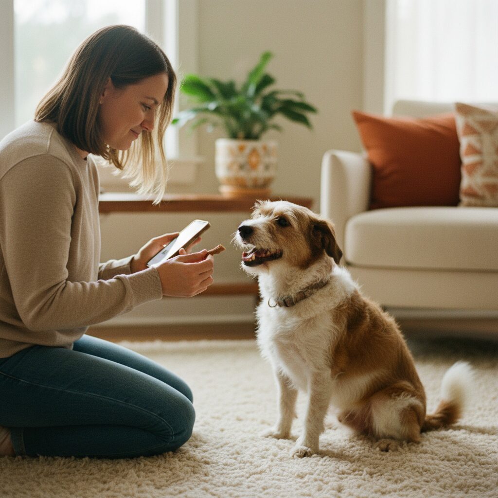 A dog owner kneeling at home, rewarding their terrier with a treat during a gentle training session
