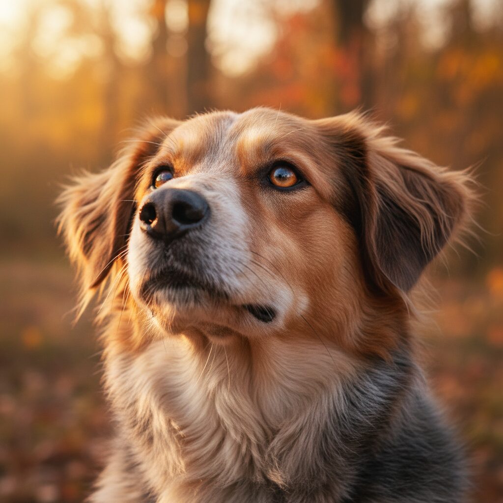 Close-up of an attentive dog gazing upward in warm golden light