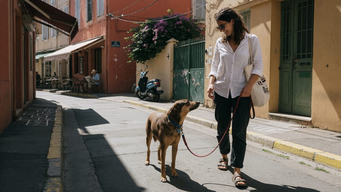 A woman walking her dog down a sunlit old-town street