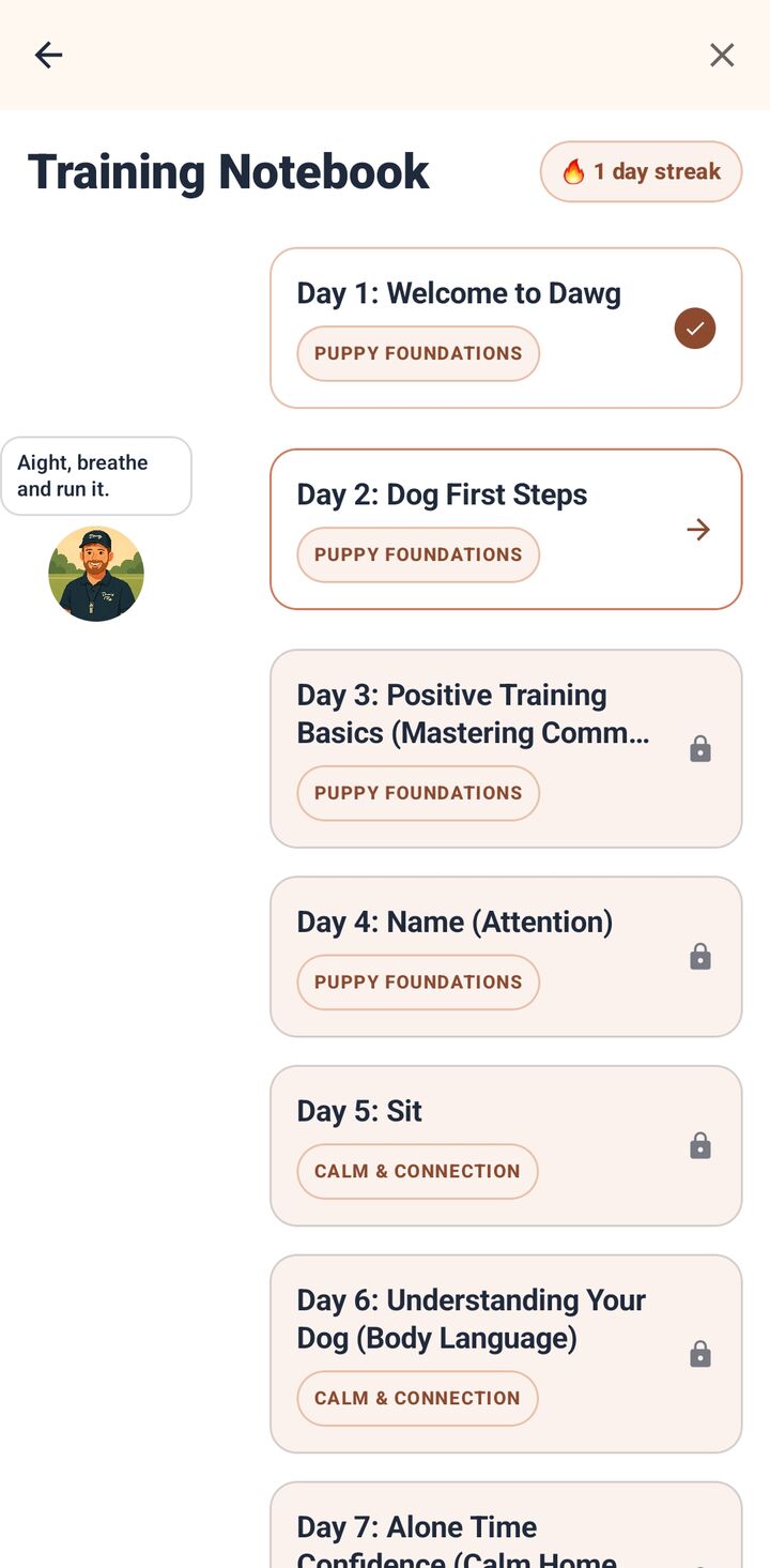 Dawg training notebook: a day-by-day plan with streaks
